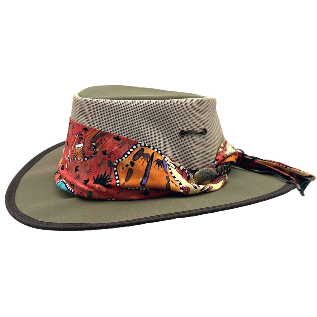 Jacaru 104A Womens Camper Canvas Breeze Hat - Mesh Crown Chin Strap & Aboriginal Print Scarf (Made in Australia) - Khaki