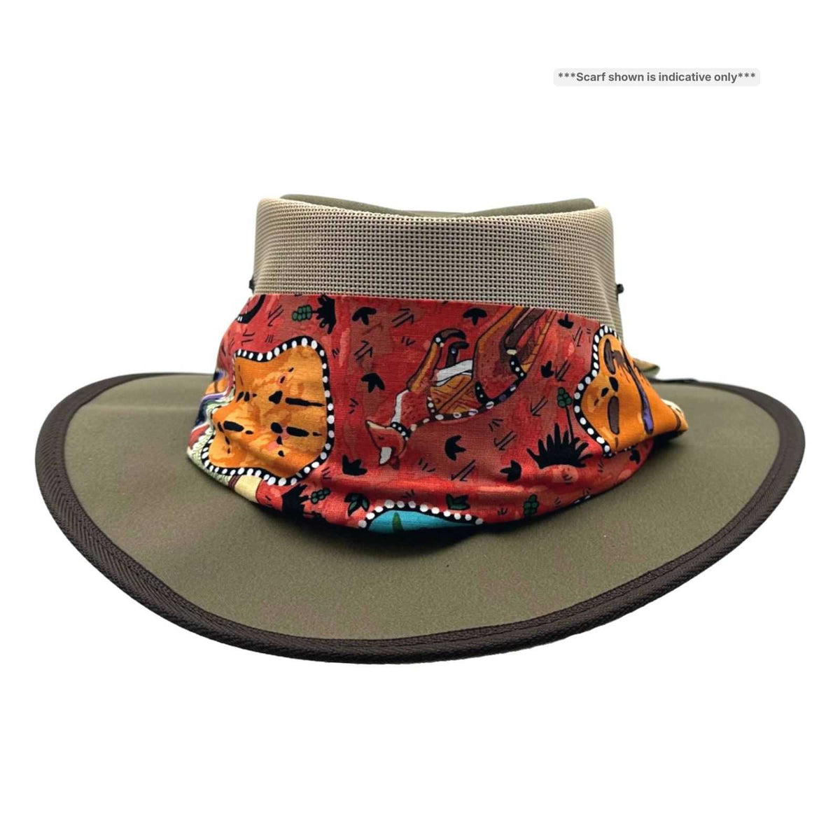 Jacaru 104A Womens Camper Canvas Breeze Hat - Mesh Crown Chin Strap & Aboriginal Print Scarf (Made in Australia)