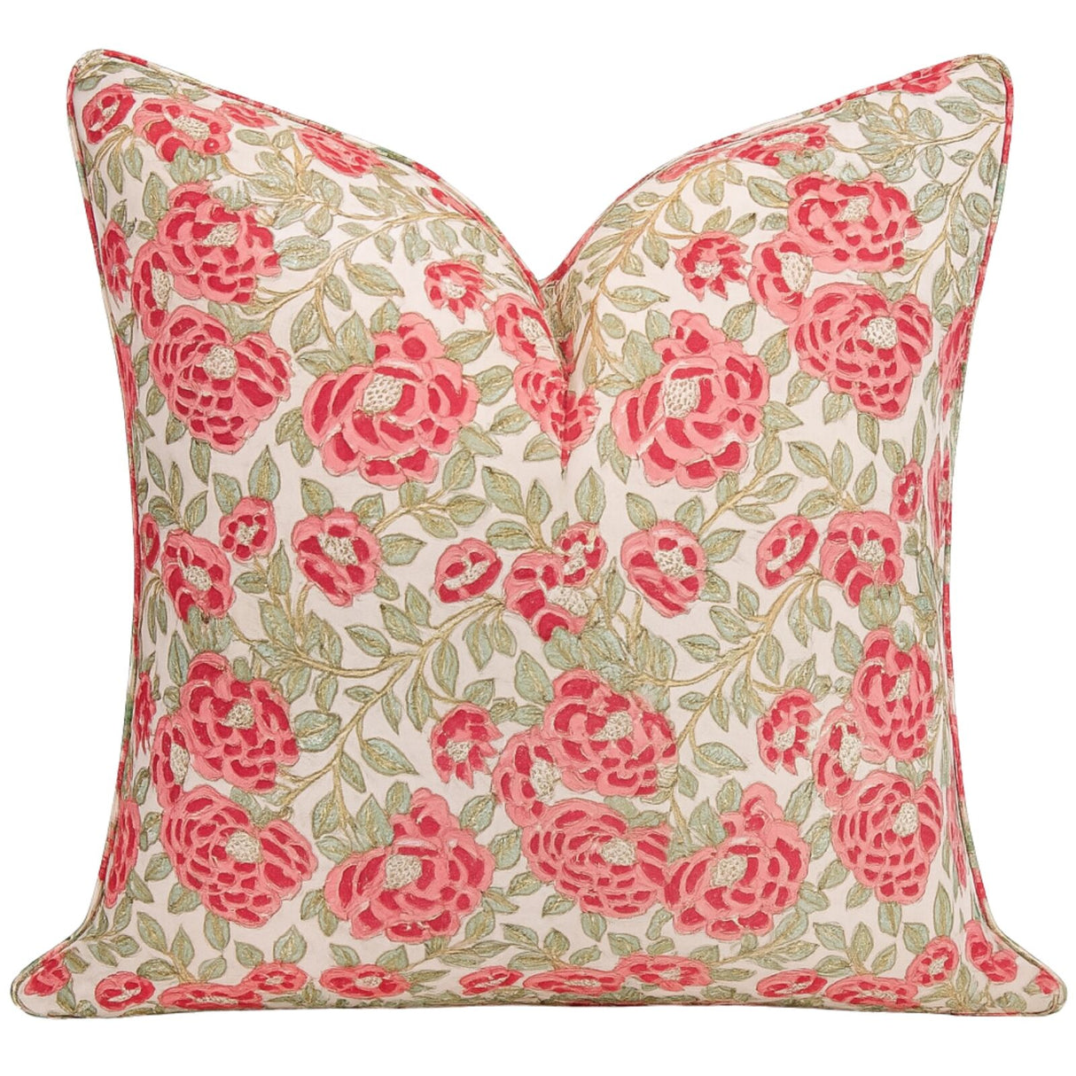 Kolka Peonies Soft Cotton Voile Decorative Hand Block-Printed Cushion - Ruby
