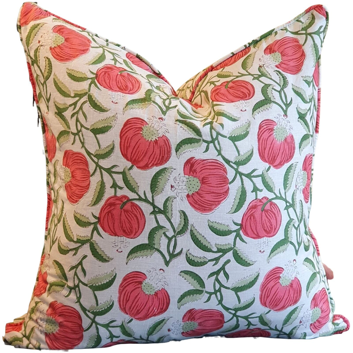 Kolka Pomegranate Soft Cotton Voile Decorative Hand Block-Printed Cushion - Ruby