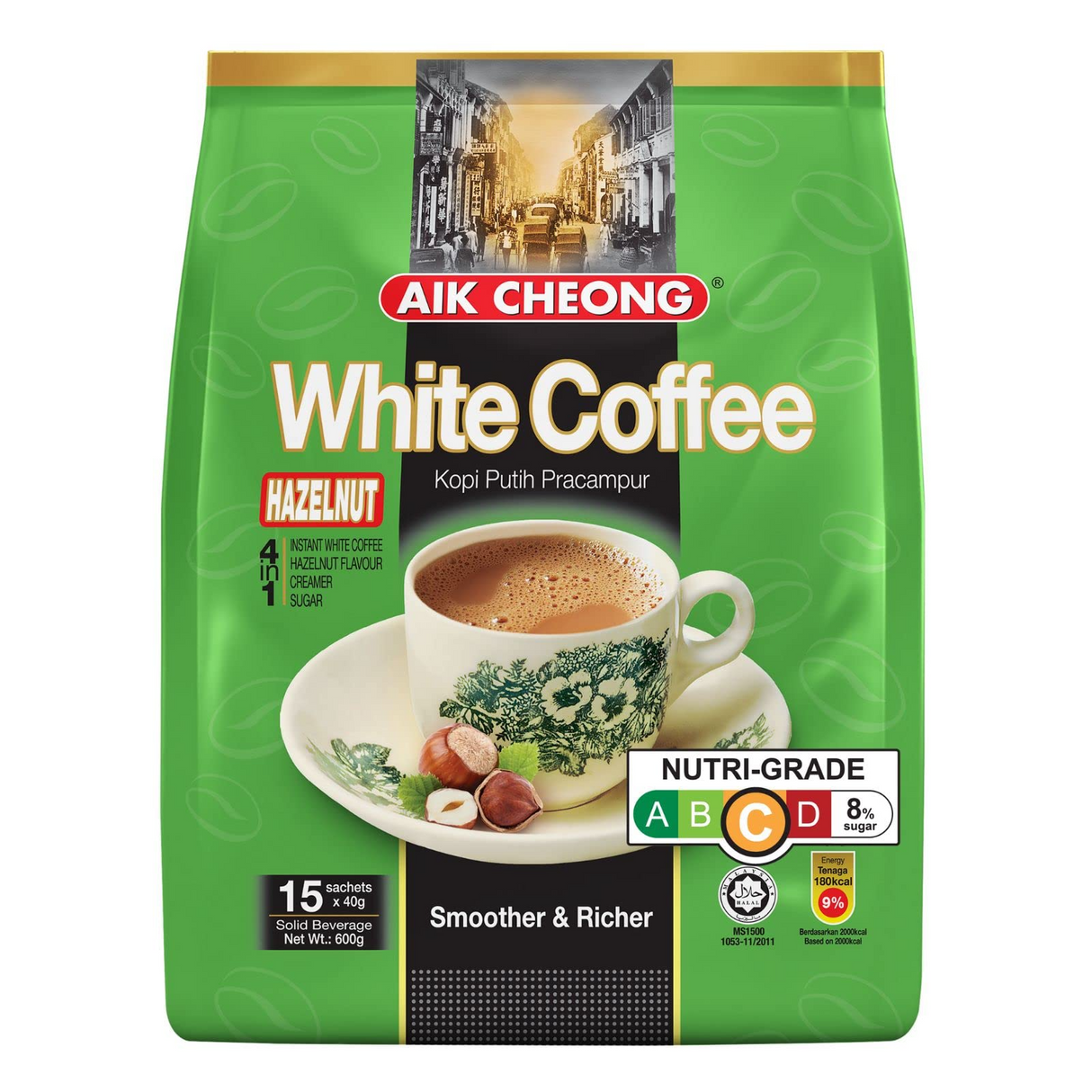 Aik Cheong White Instant Coffee 40g Sachets (Pack of 15) - Hazelnut Flavour (600g Total)