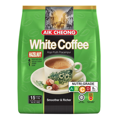 Aik Cheong White Instant Coffee 40g Sachets (Pack of 15) - Hazelnut Flavour (600g Total)