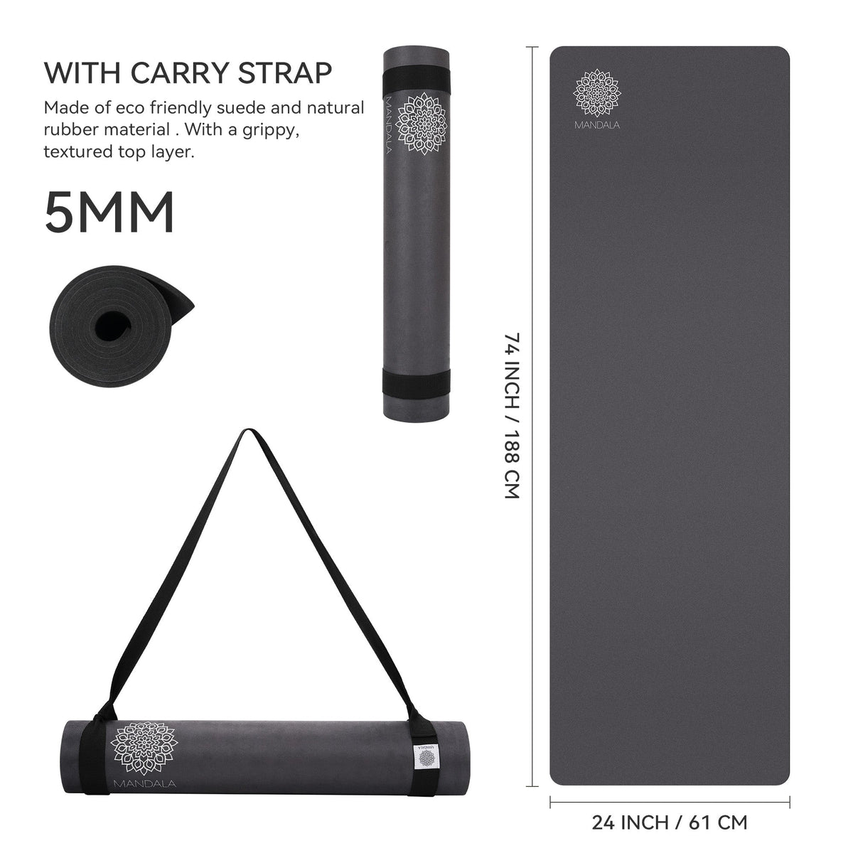 Mandala Premium Yoga Mat Set - Black (5mm Vegan Suede Mat, Adjustable Strap & Stainless Steel Water Bottle)