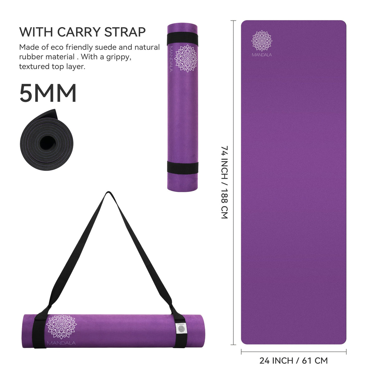 Mandala Premium Yoga Mat Set - Purple (5mm Vegan Suede Mat, Adjustable Strap & Stainless Steel Water Bottle)
