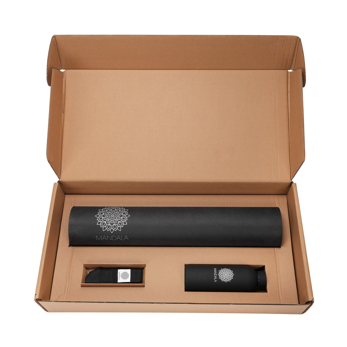 Mandala Premium Yoga Mat Set - Black (5mm Vegan Suede Mat, Adjustable Strap & Stainless Steel Water Bottle)