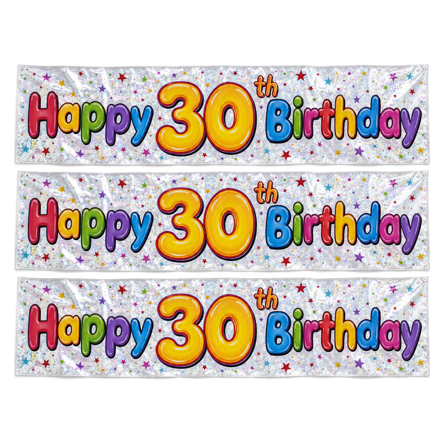 3x 2.6m Happy 30th Birthday Party Banner Pack - Sparkling Holographic Finish