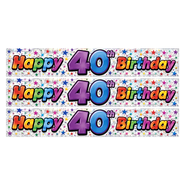 3x 2.6m Happy 40th Birthday Party Banner Pack - Glitter Holographic Finish