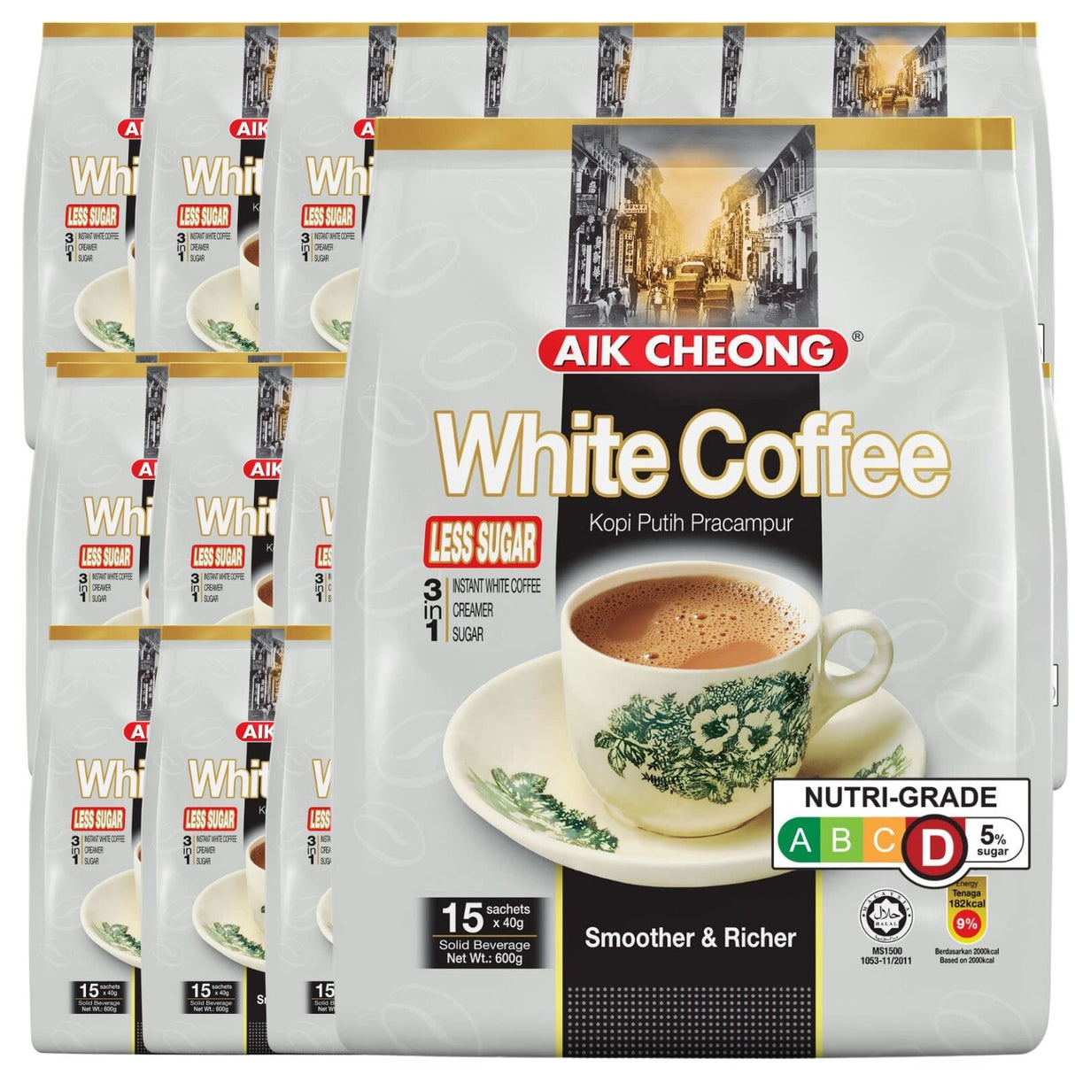 24x Aik Cheong White Instant Coffee Packs (360x 40g Sachets) - Less Sugar (14.4kg Total) Bulk