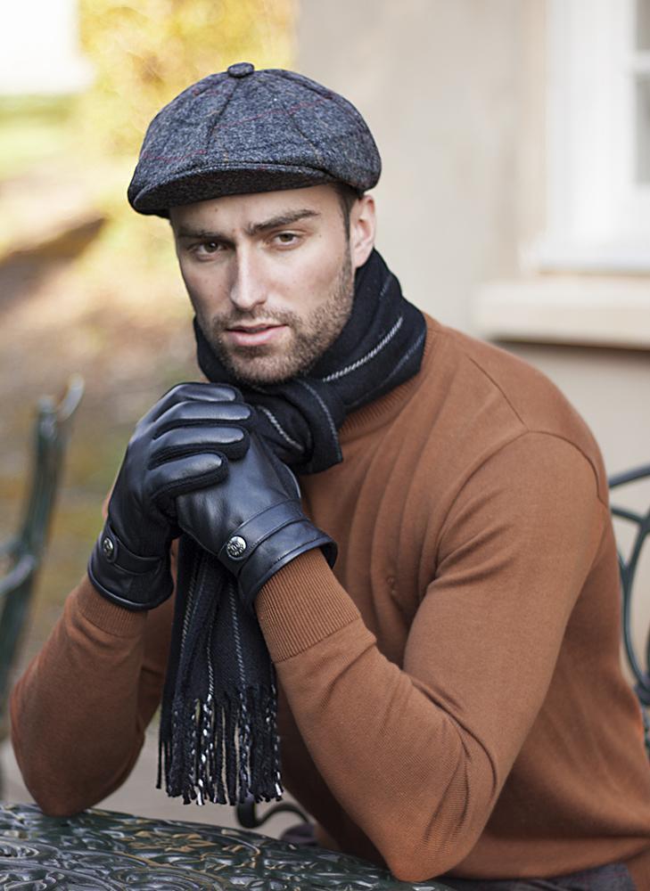 DENTS Mens Abraham Moon Check Tweed Newsboy Cap Hat - Charcoal