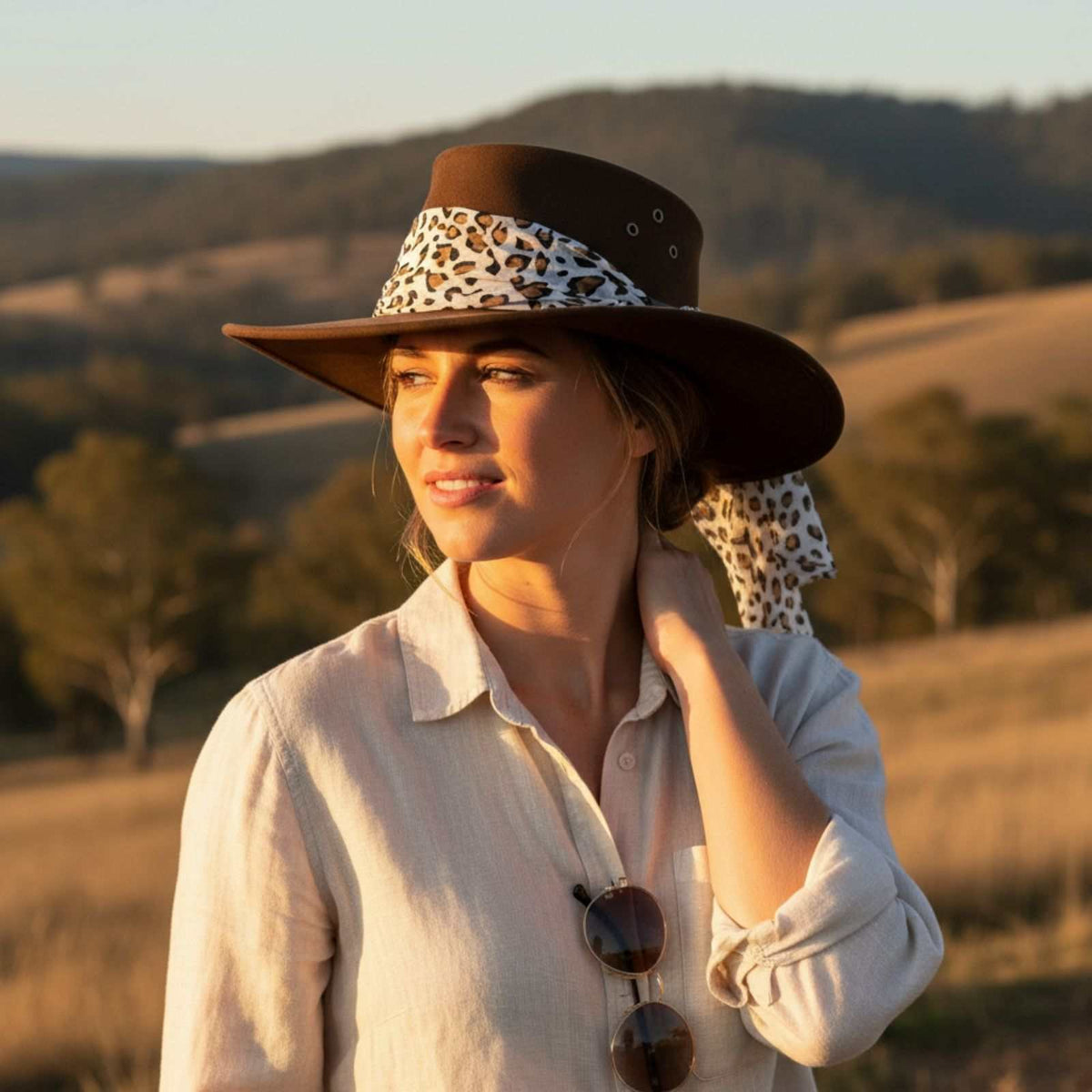 Jacaru 1020 Jillaroo Womens Suede Leather Hat - Chiffon Scarf Water Resistant & UPF 50+ (Made in Australia)
