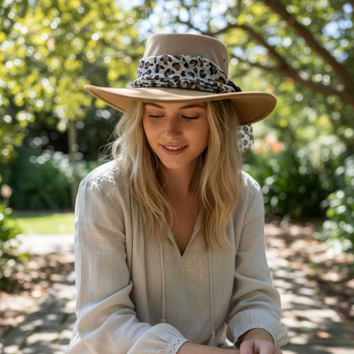 Jacaru 1022 Shady Lady Womens Suede Leather Breeze Hat - Mesh Crown & Chiffon Scarf (Made in Australia)