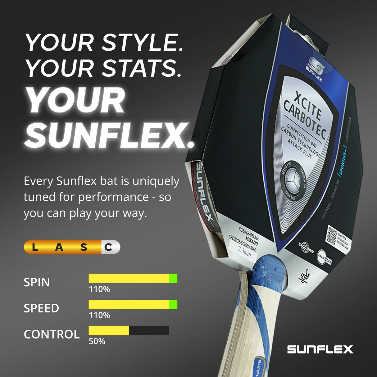 SUNFLEX Xcite C45 Carbotec Table Tennis Bat ITTF Approved Mikado Rubber