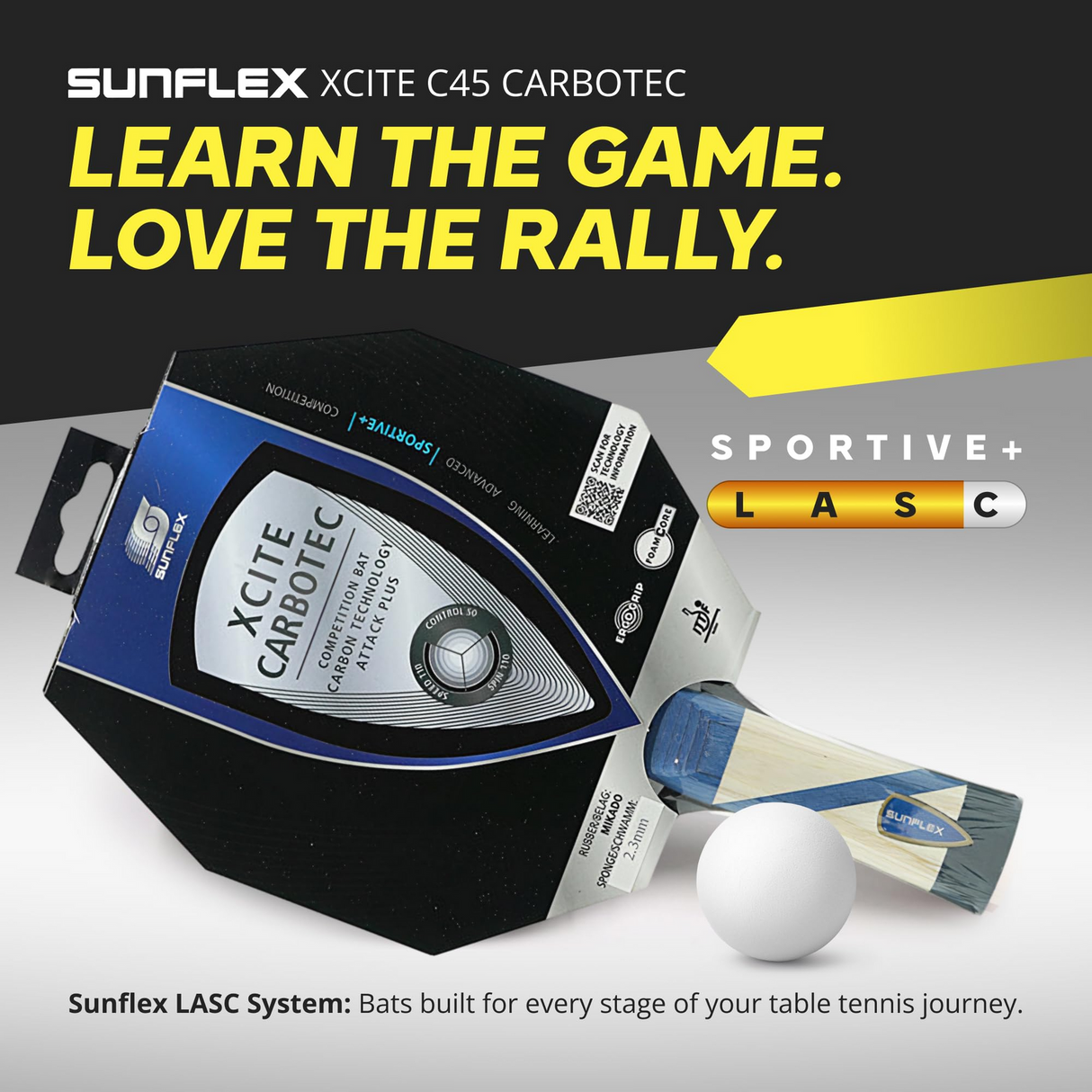 SUNFLEX Xcite C45 Carbotec Table Tennis Bat ITTF Approved Mikado Rubber