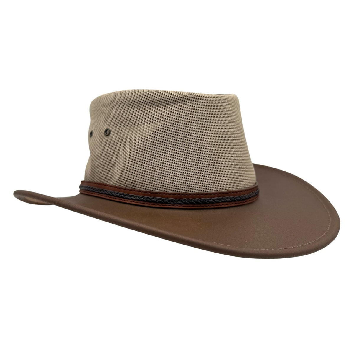 Jacaru 1081 Safari Unisex Buffalo Leather Breeze Hat - Mushroom (Mesh Crown Water Resistant & UPF 50+ Made in Australia)