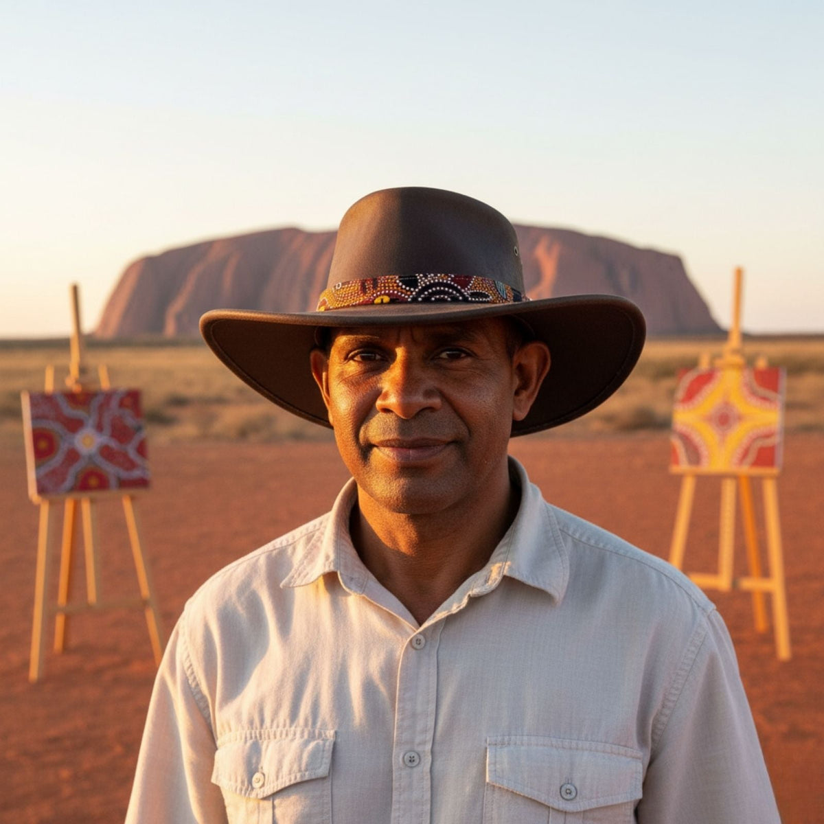Jacaru 1107 Koori Womens Waxed Leather Hat - Brown (Aboriginal Art Hatband Water Resistant & UPF 50+ Made in Australia)