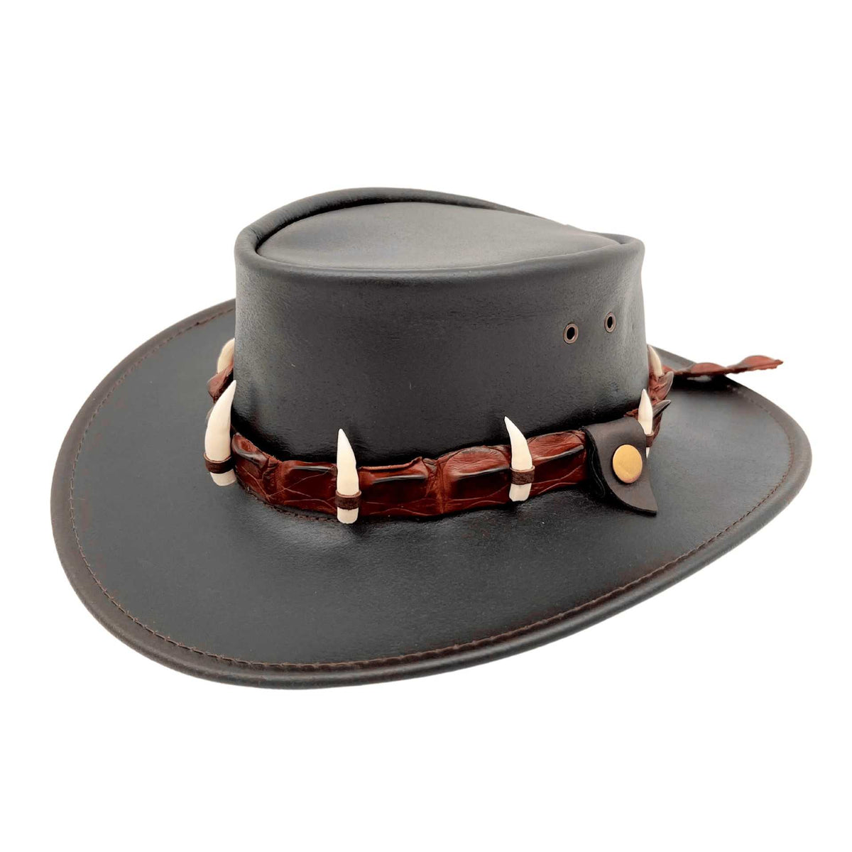 Jacaru 111 Dundee Croc Leather Hat - 9 Real Crocodile Teeth Hatband (Water Resistant UPF 50+ Made in Australia) - Brown