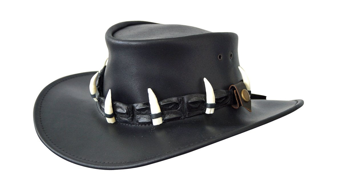 Jacaru 111 Dundee Croc Leather Hat - 9 Real Crocodile Teeth Hatband (Water Resistant UPF 50+ Made in Australia) - Black