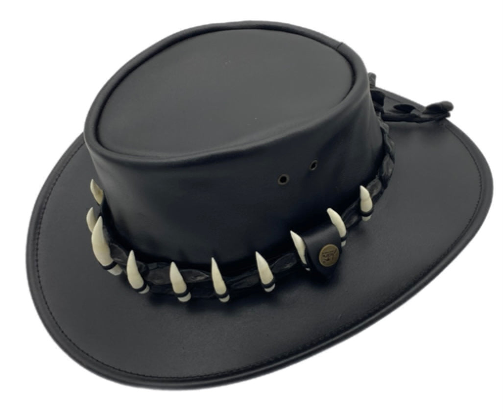 Jacaru 112 Lightning Jack Leather Hat - 11 Real Crocodile Teeth Hatband (Water Resistant UPF 50+ Made in Australia)