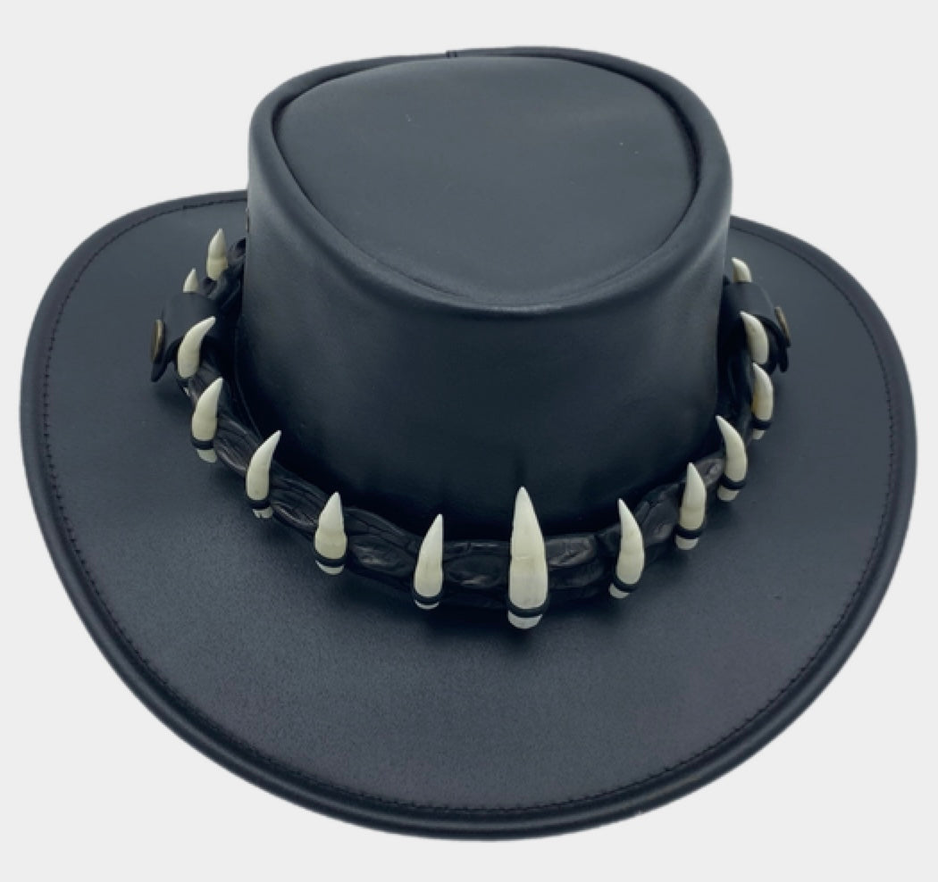 Jacaru 112 Lightning Jack Leather Hat - 11 Real Crocodile Teeth Hatband (Water Resistant UPF 50+ Made in Australia)