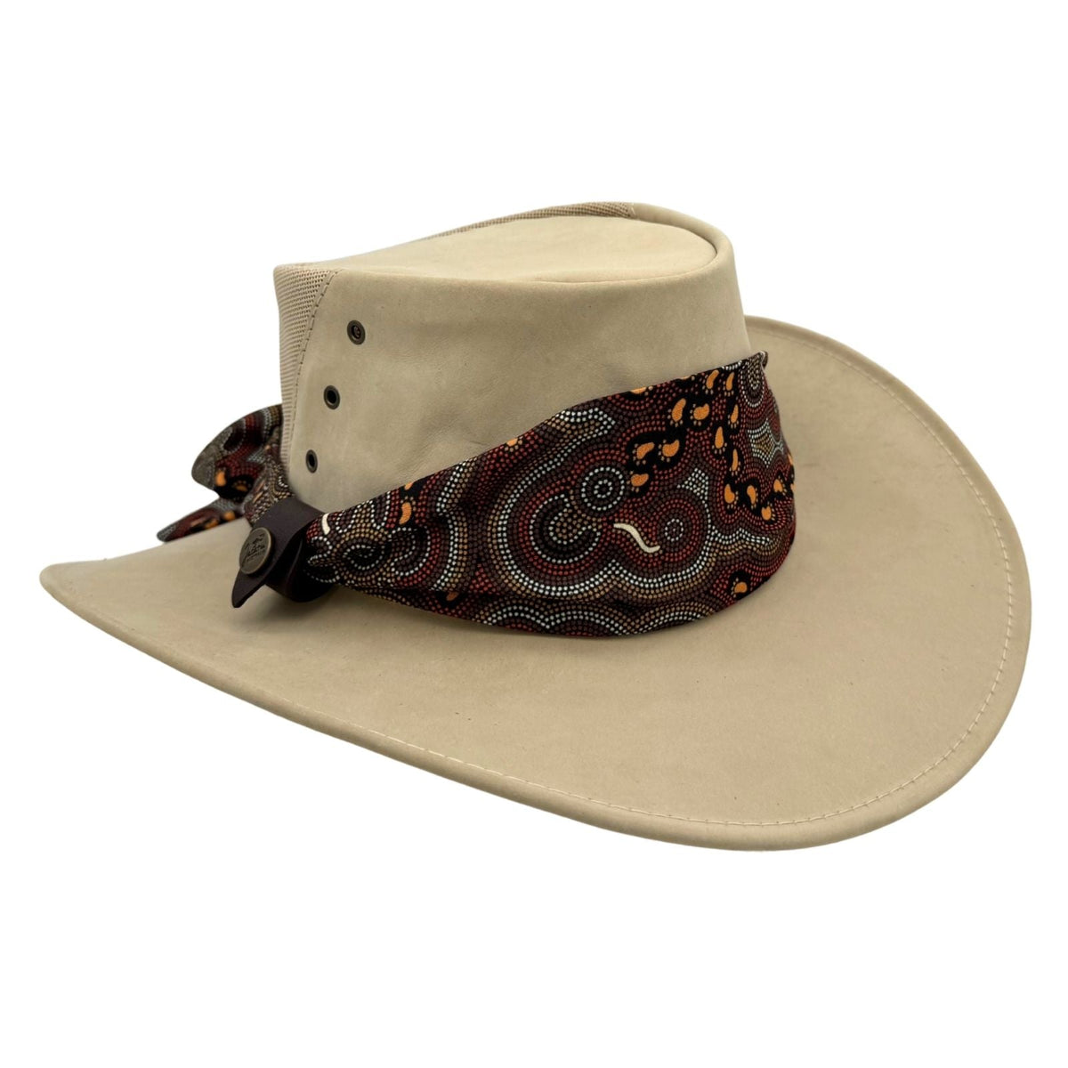 Jacaru 1152 Womens Kangaroo Leather Breeze Hat - Mesh Crown & Aboriginal Scarf (Made in Australia)