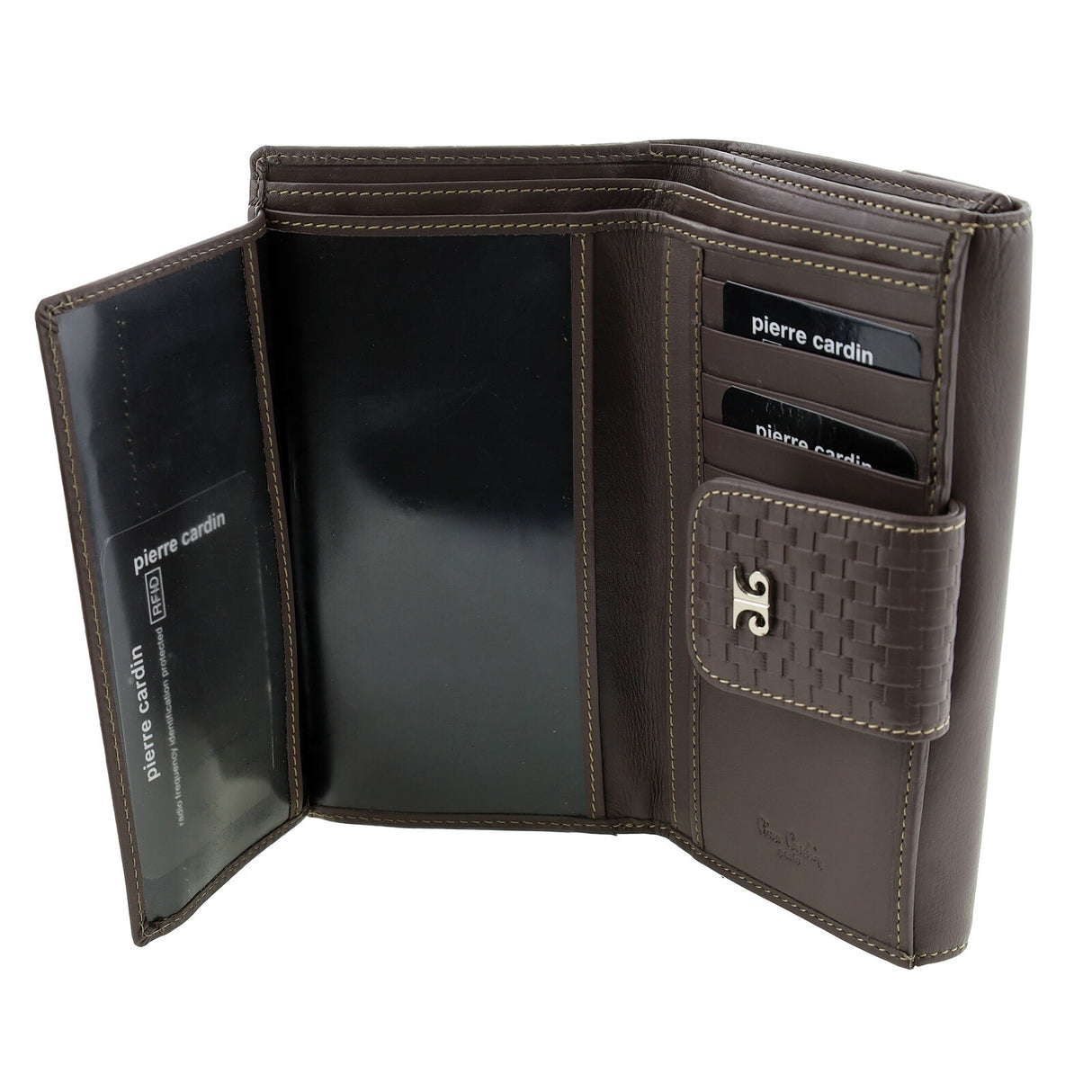 Pierre Cardin Woven Leather Long Wallet - Steel Brown (Snap Closure & RFID Protection)