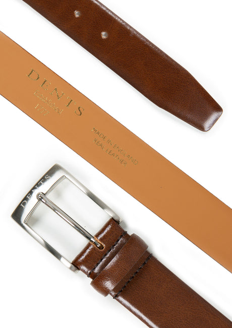 Dents Men’s Heritage Lined Gloss Full-Grain Leather Belt with Satin Nickel Buckle in Brown