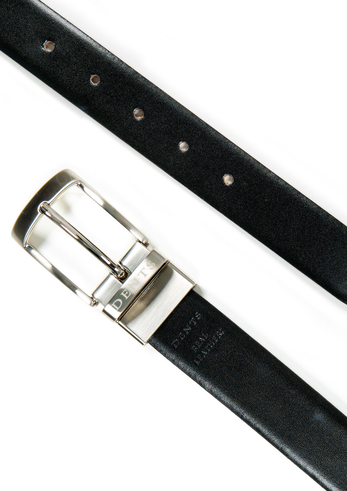 Dents Men’s Heritage Reversible Gloss Full-Grain Leather Belt with Satin Nickel Buckle in Black/Tan