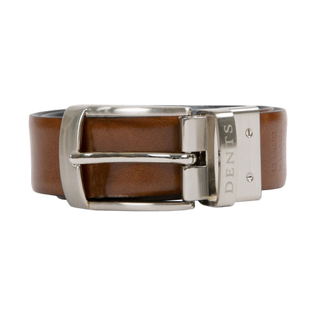 Dents Men’s Heritage Reversible Gloss Full-Grain Leather Belt with Satin Nickel Buckle in Black/Tan
