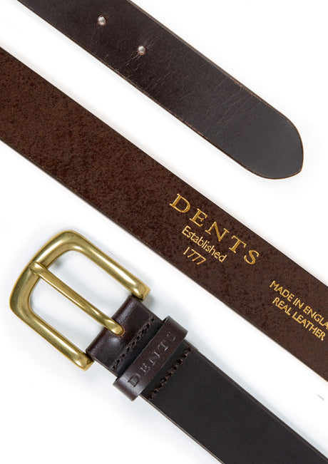 Dents Men’s Heritage Lined Full-Grain Leather Belt with Brass Buckle in Brown