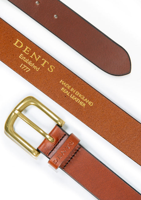 Dents Mens Heritage Lined Full-Grain Leather Belt with Brass Buckle in Tan