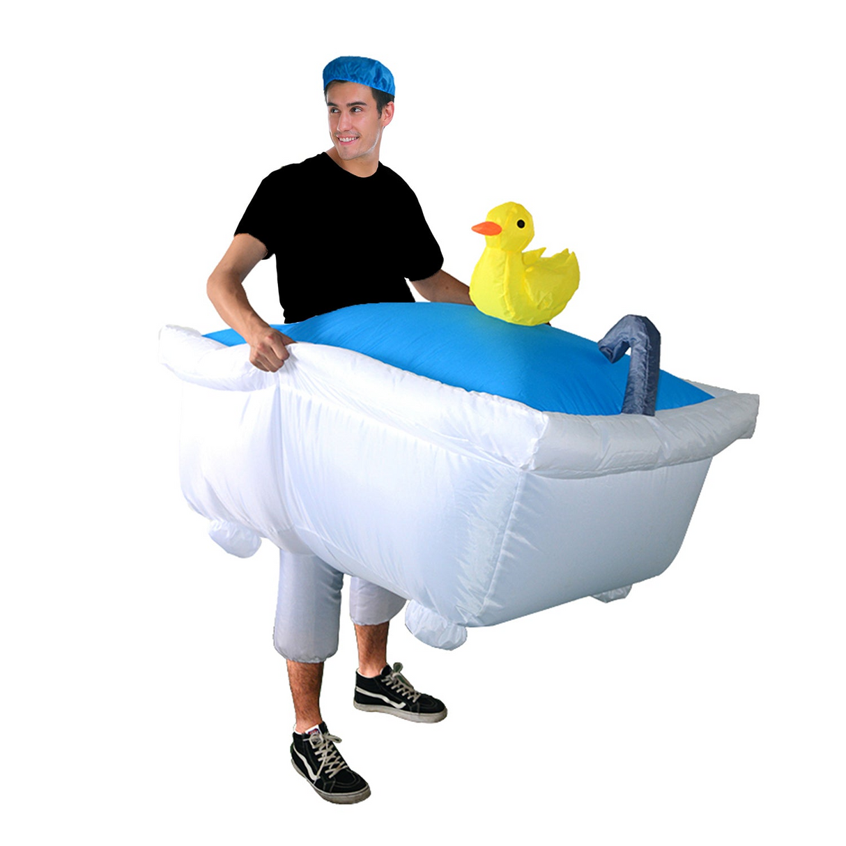 Adult Inflatable Bath Tub Swimming Pool Costume Blow Up Halloween w/ Duck & Shower Cap