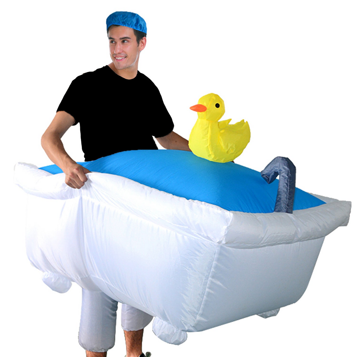 Adult Inflatable Bath Tub Swimming Pool Costume Blow Up Halloween w/ Duck & Shower Cap