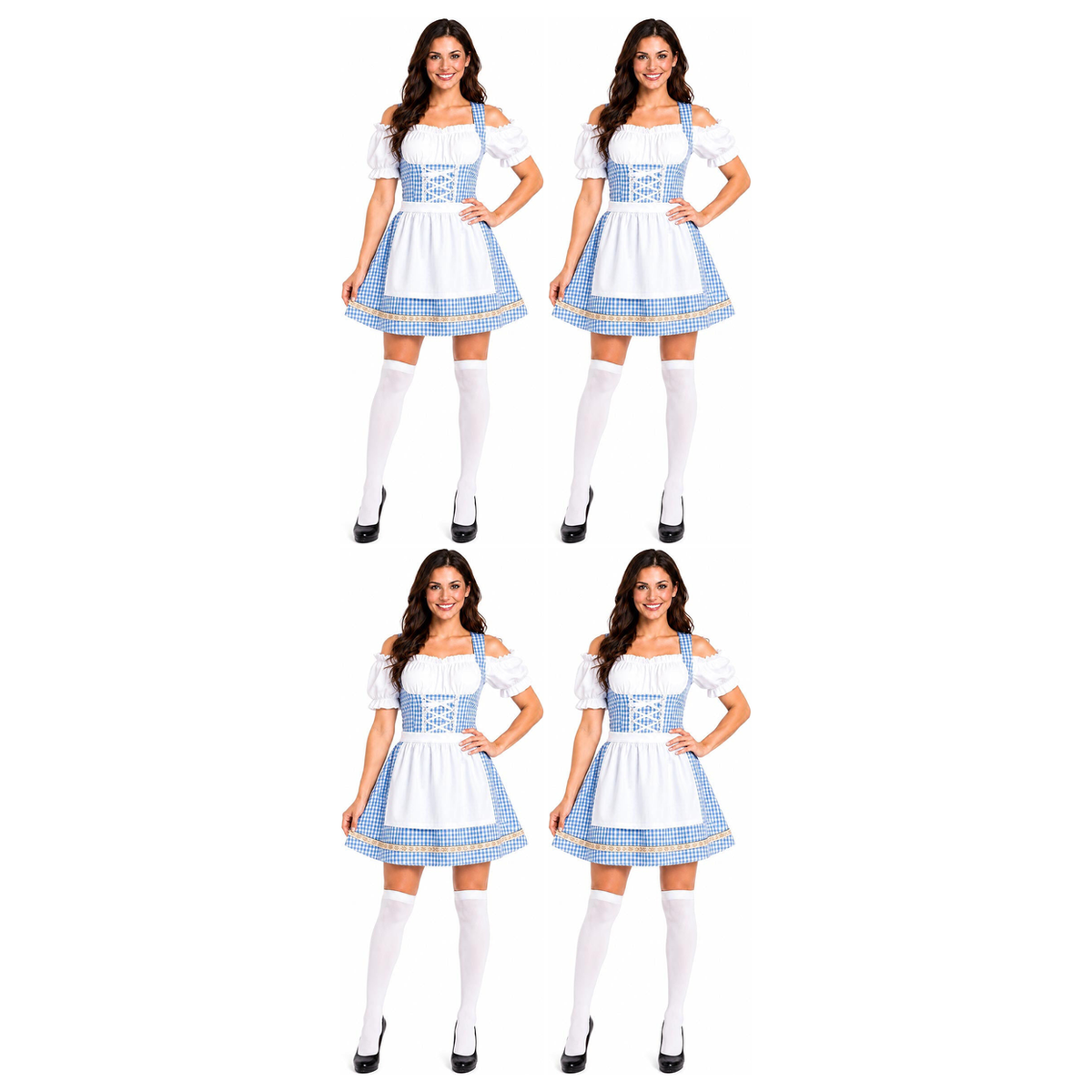 4x Womens Checkered Bavarian Lady Dirndl Beer Maid Costume Bulk Pack - Blue (Oktoberfest Party)