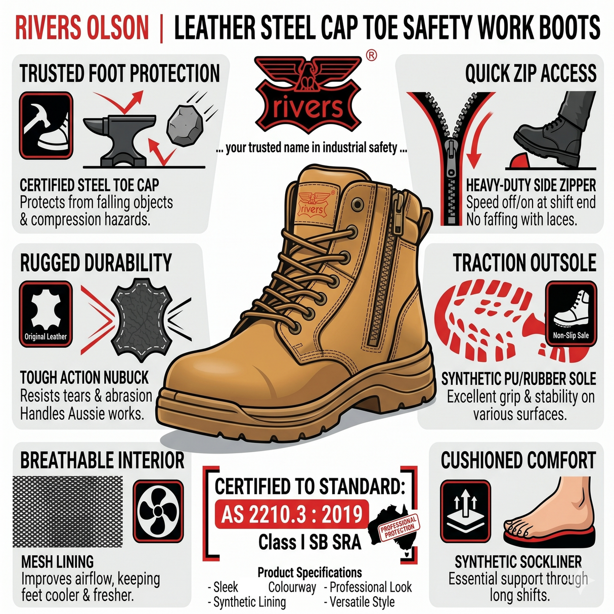 Rivers Olson Leather Steel Cap Toe Safety Work Boots - Wheat (Lace-Up Shoes)