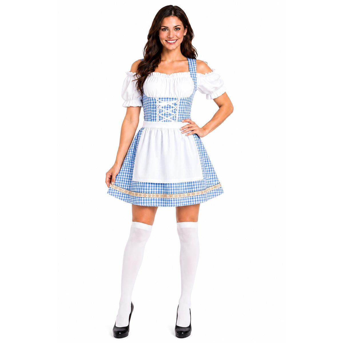 Womens Checkered Bavarian Lady Beer Maid Costume - Blue (Oktoberfest Party)
