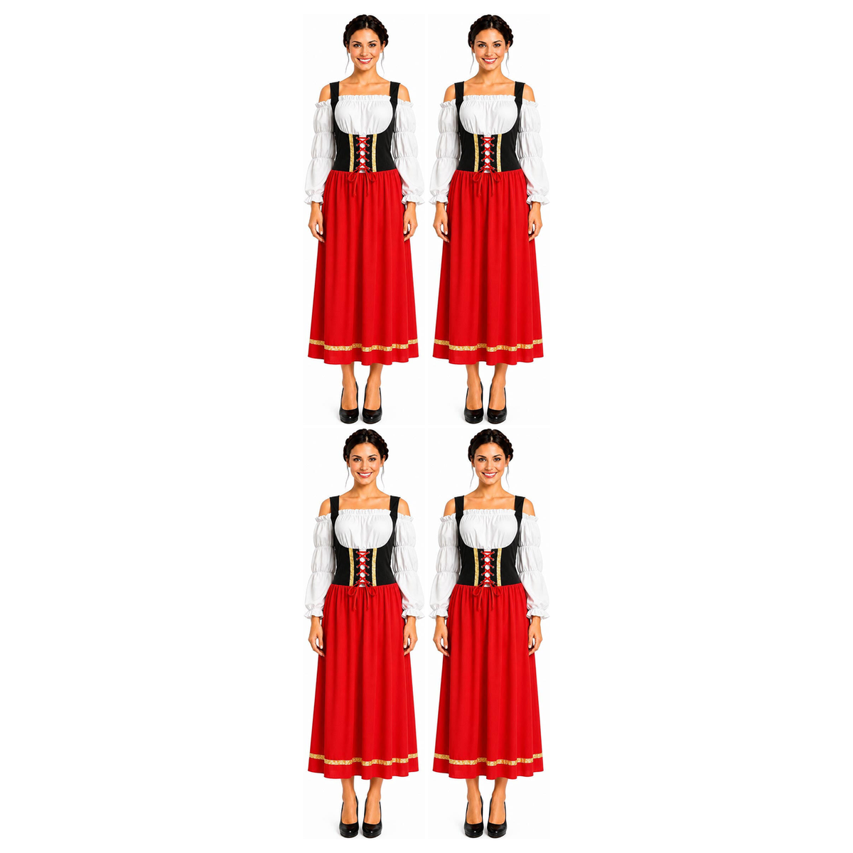 4x Womens Red/Black Long Dirndl Beer Girl Group Costume Bulk Pack - Oktoberfest Bavarian