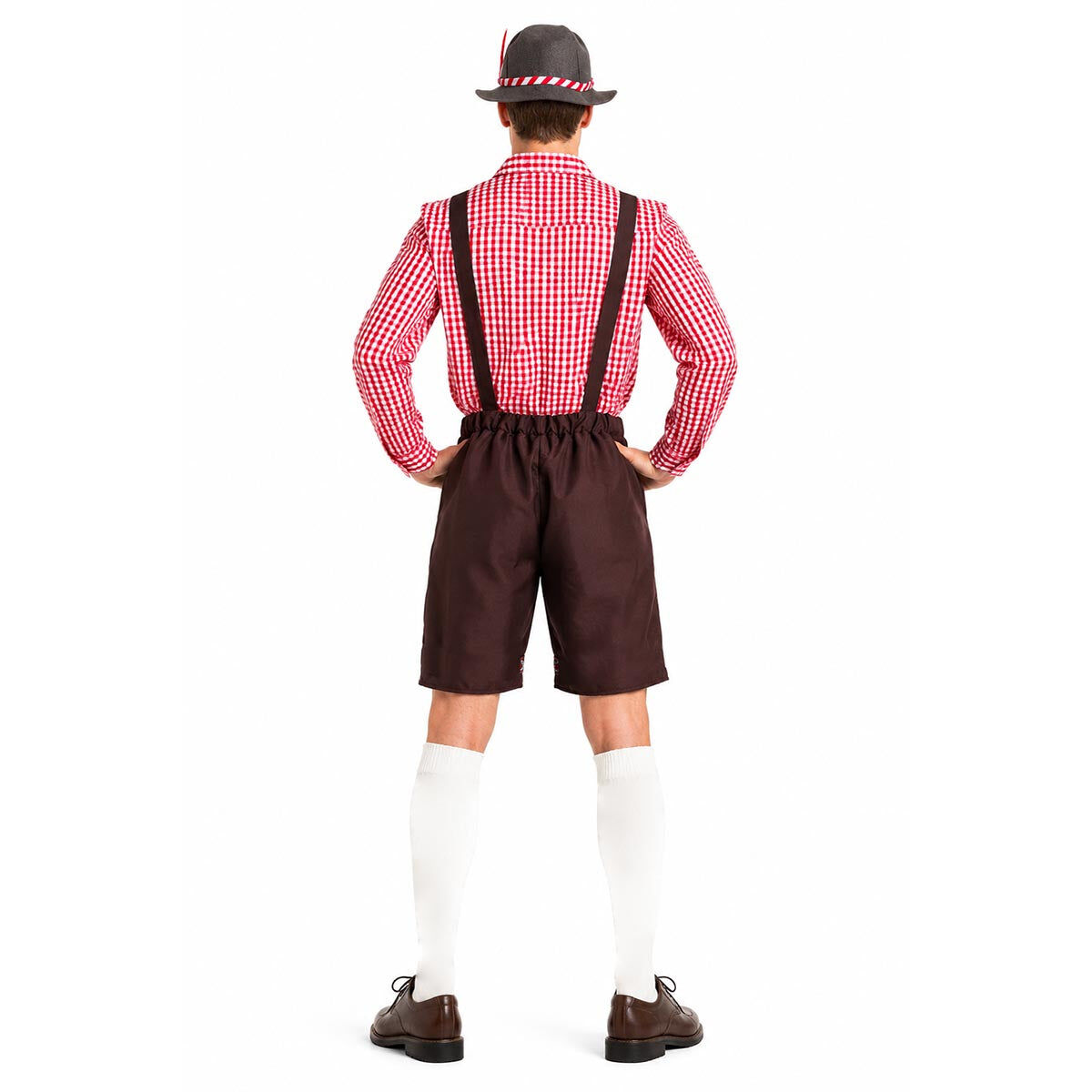 Mens Red Check Lederhosen Costume - Oktoberfest Bavarian Beer Party Outfit