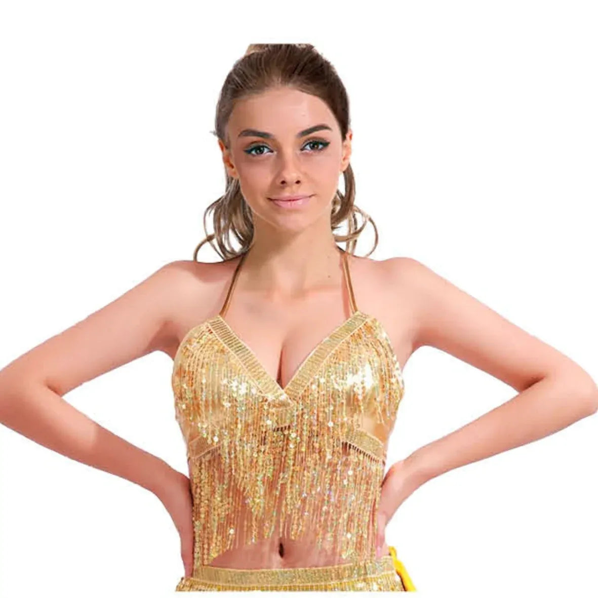Adult Sequin Fringe Top in Gold/Yellow - Belly Dancer
