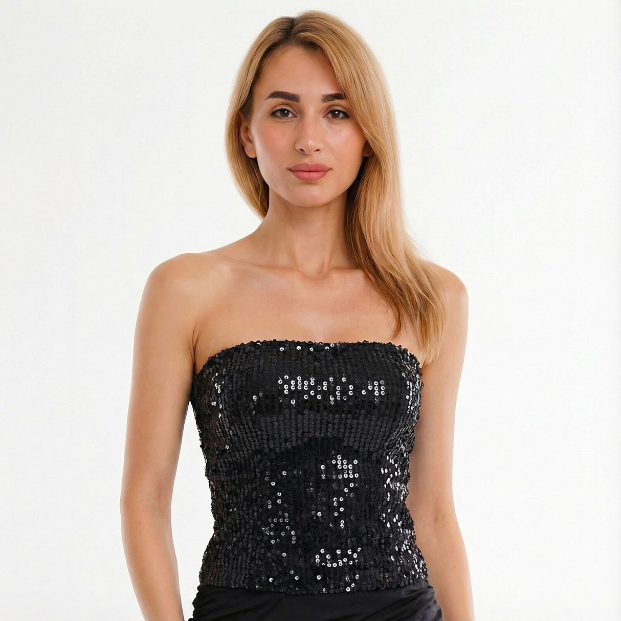 Womens SEQUIN BANDEAU CROP TOP Sparkling Sparkly Costume Tube - Black