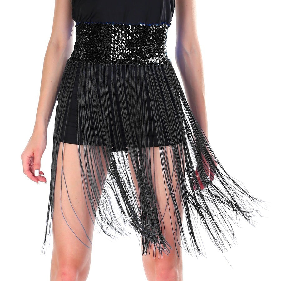 Sequin Belt w/Fringe Skirt 20s Flapper Dance Costume Party - Black
