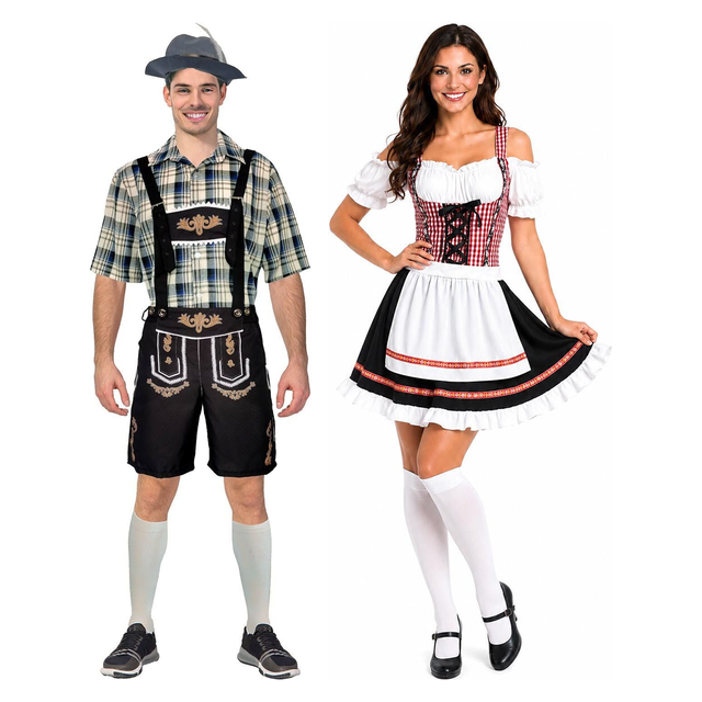 Blue & Cream Checkered Lederhosen & Black/Red Check Dirndl Couples Costume Set - His & Hers Oktoberfest