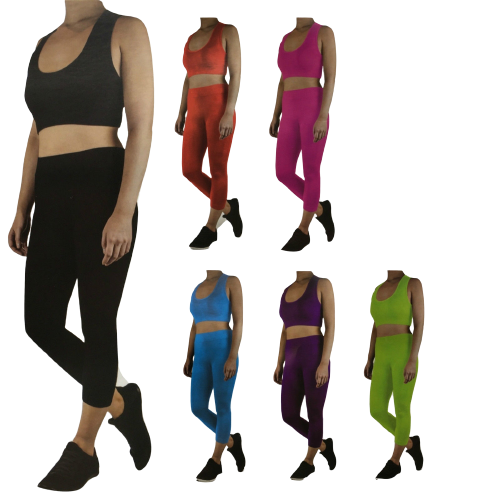 Womens CROP TOP Tank + LEGGING Pants SET Jogger Sport Party Tracksuit Gym Yoga - Black
