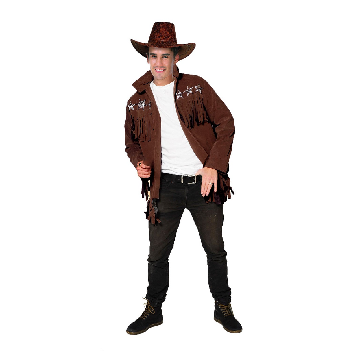 Mens SILVER STAR FRINGED COWBOY JACKET COSTUME Rodeo Wild West Western Sheriff