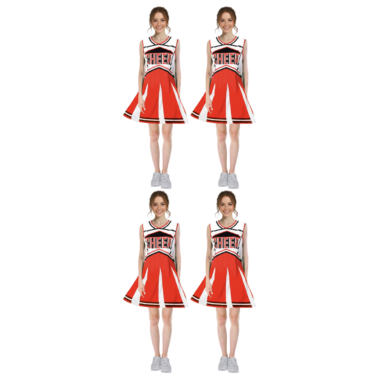 4x Womens Red Cheerleader Costume Bulk Pack - School Girl Uniform (Halloween & Fancy Dress)