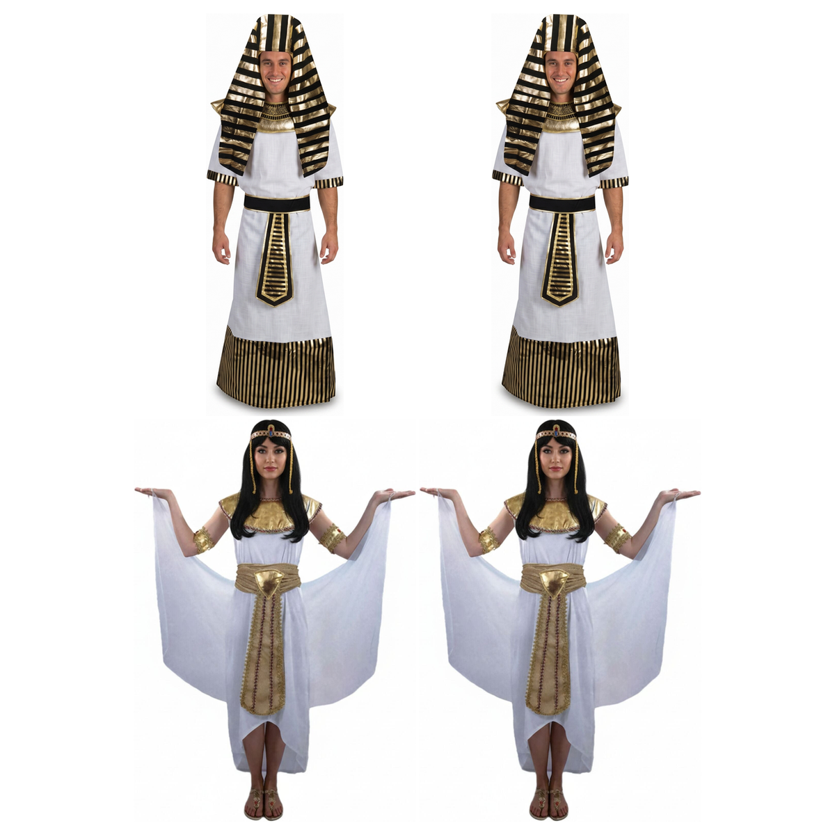 Egyptian Group Costume Set - 2x Pharaoh King + 2x Cleopatra Queen (Halloween & Fancy Dress)