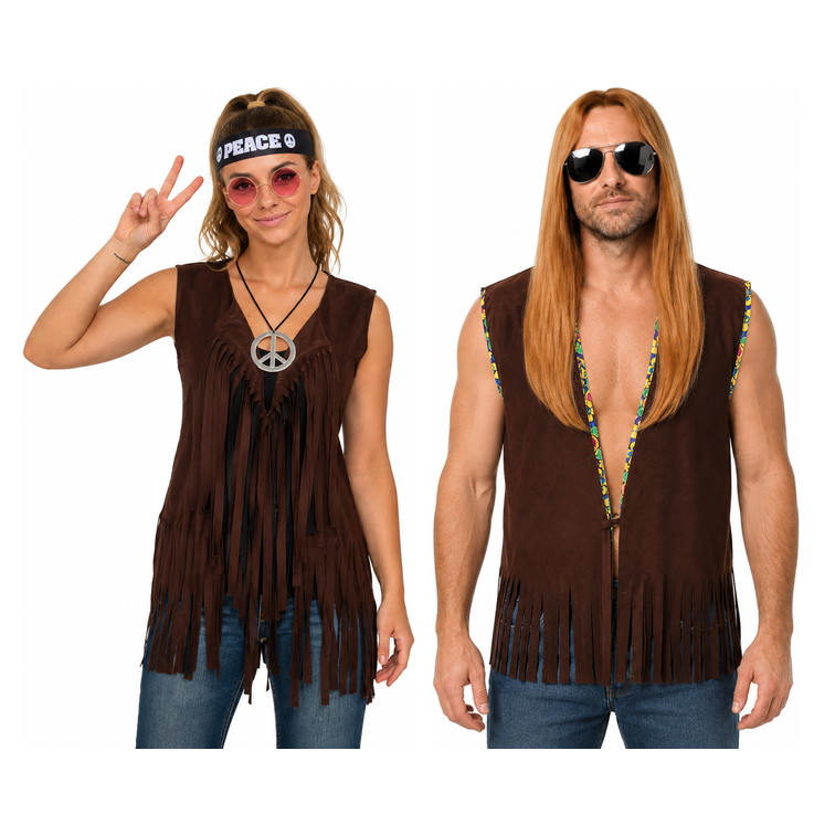 Couples 2pc Brown 60s Hippie Vest Costume Set - Mens & Womens (Halloween & Fancy Dress)