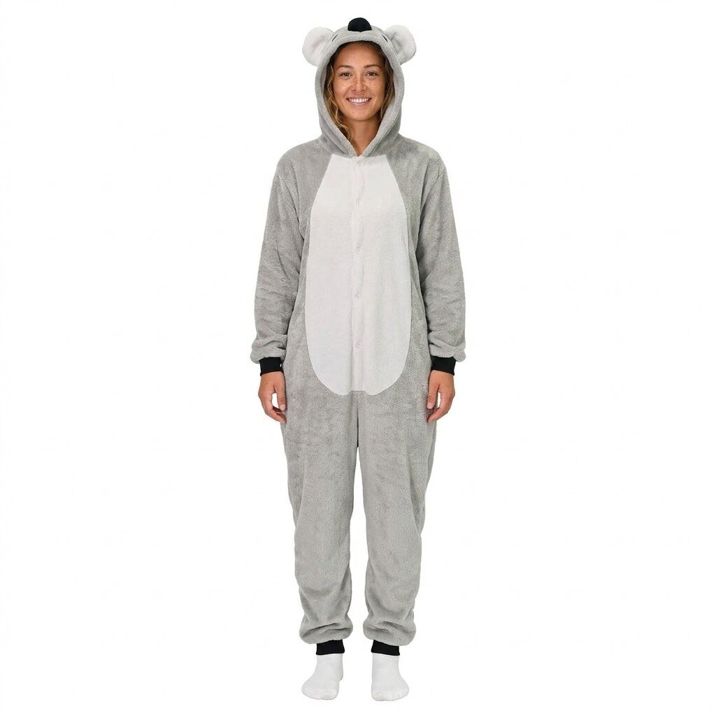 Adult Grey Koala Bodysuit Costume - Hooded Animal Jumpsuit (Halloween & Fancy Dress)