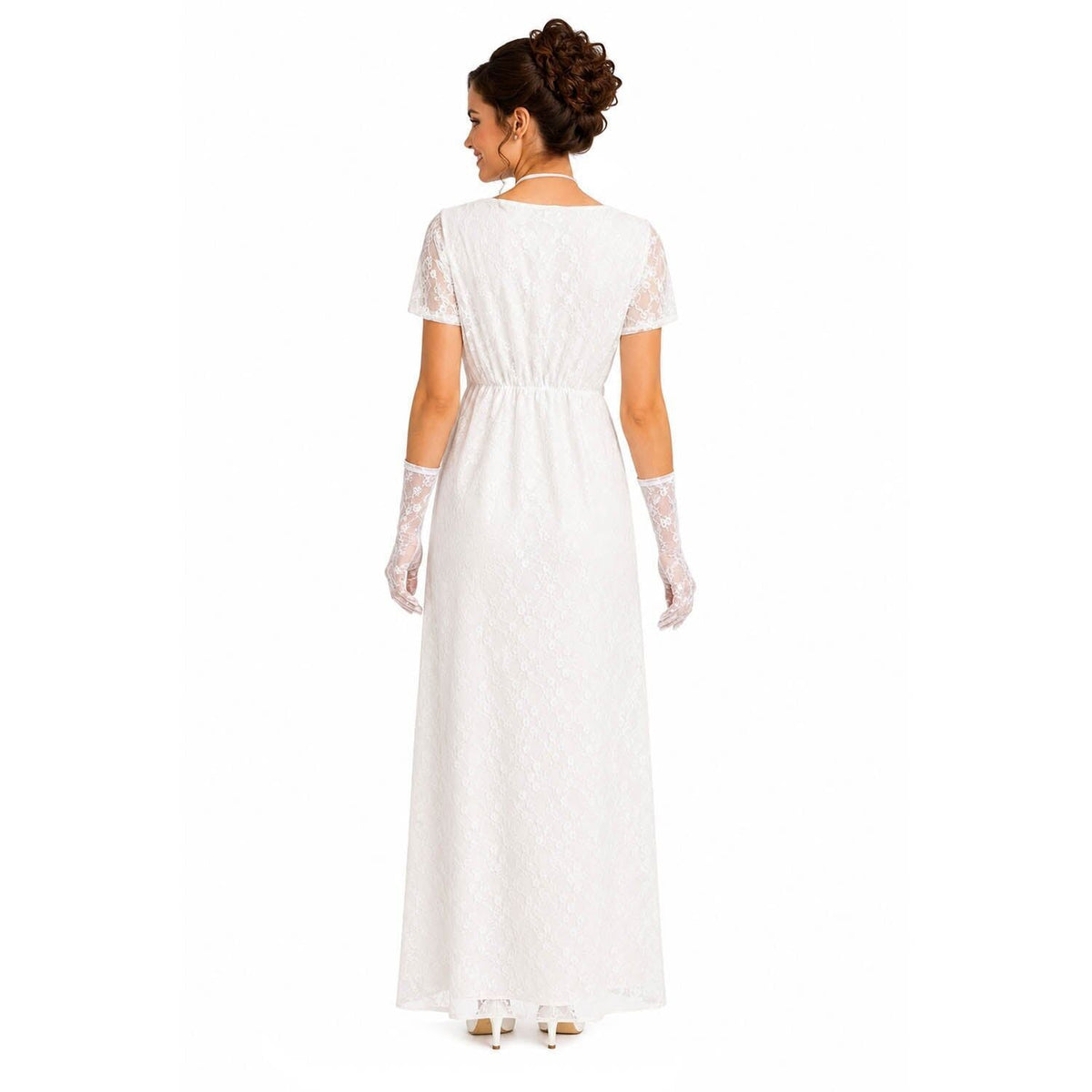 Womens White Lace Regency Costume - 1800s Empire Waist Gown (Halloween & Fancy Dress)