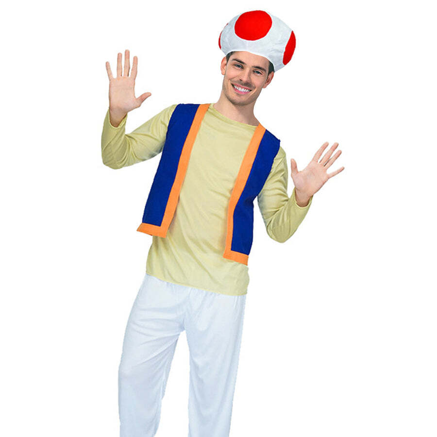 Mens Mushroom Toad Cosplay Mario Gaming Dress Up Costume Party