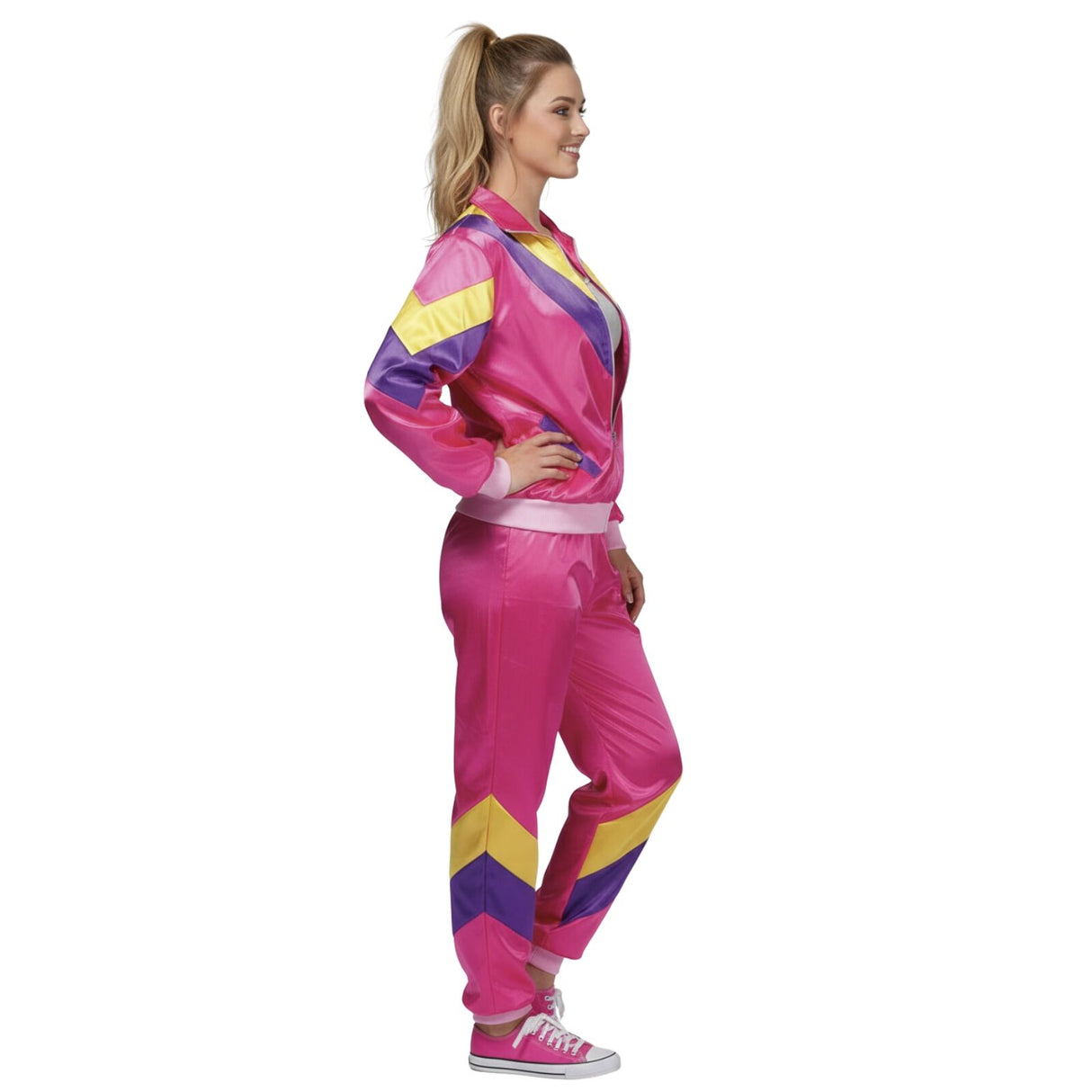 Ladies 80s Height Of Fashion Tracksuit 1980s Party Retro Disco Neon Costume - Pink